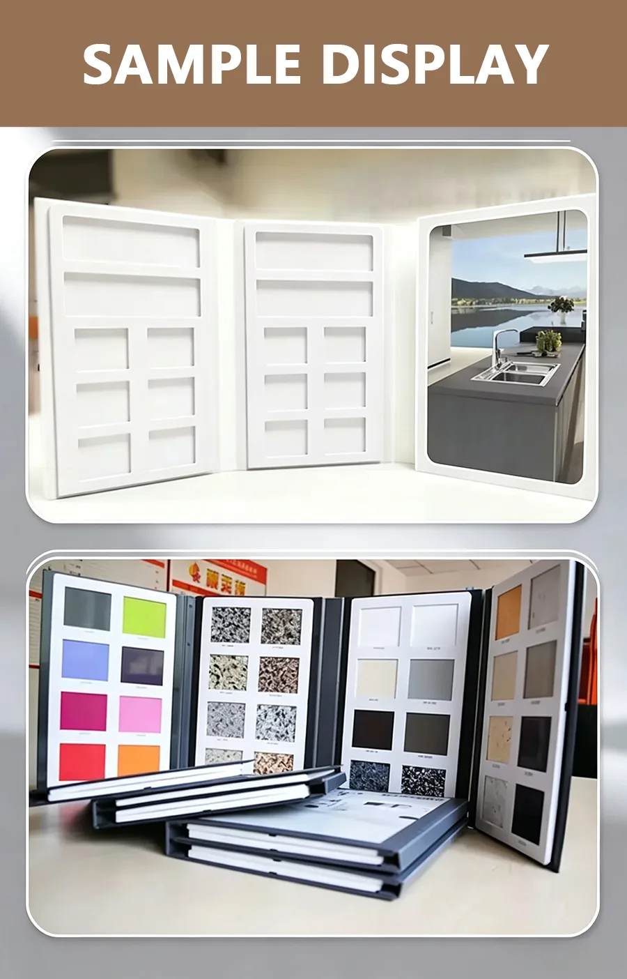 folding stone sample book samples on showroom display