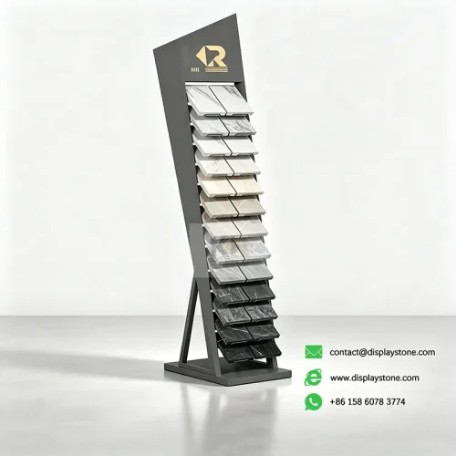 slanted stone display rack black with stone samples Kerry DISPLAY