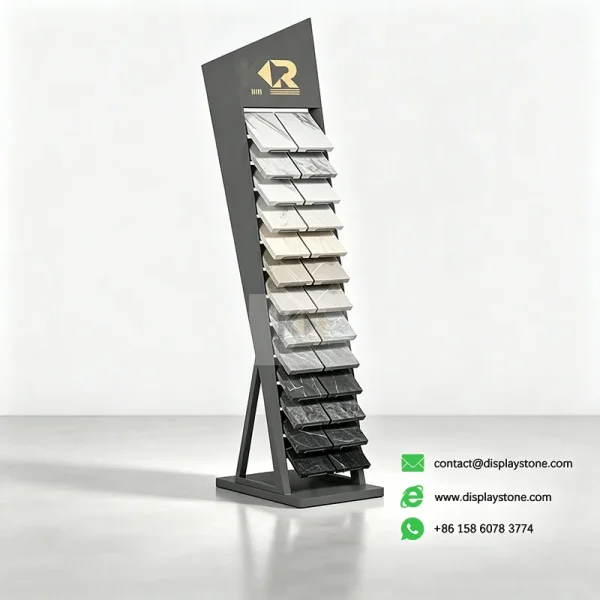 slanted stone display rack black with stone samples Kerry DISPLAY