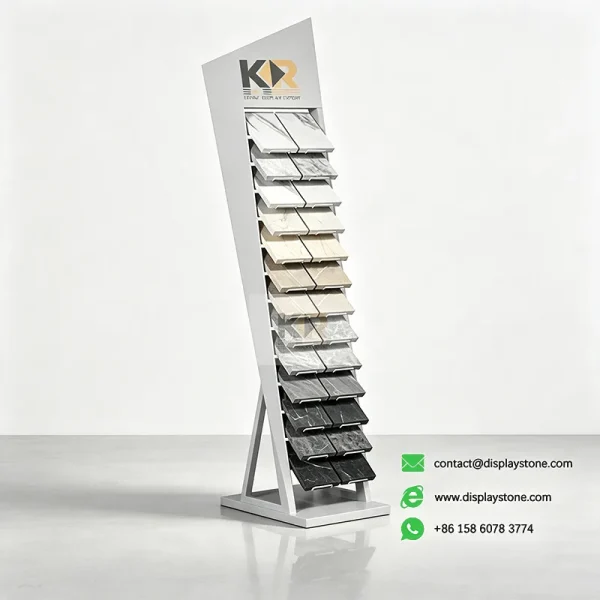 slanted stone display rack white with stone samples Kerry DISPLAY
