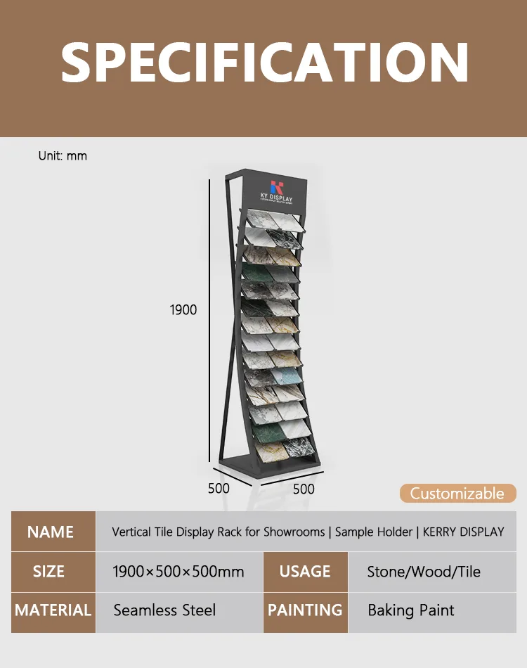 KERRY DISPLAY vertical tile display rack for showrooms product specification diagram - seamless steel frame, dimensions 1900x500x500mm, tile stone and wood sample display