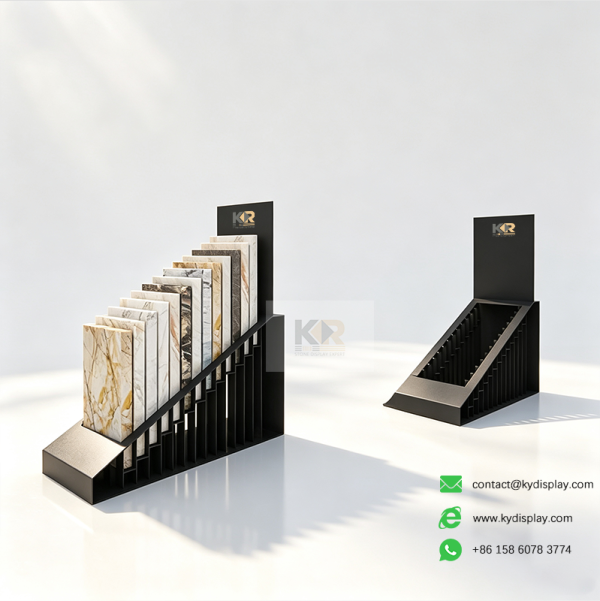 tabletop stone display rack black angle view