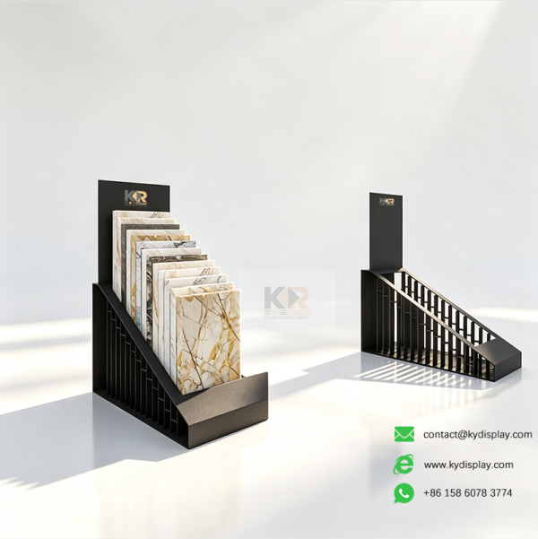 tabletop stone display rack black slot detail
