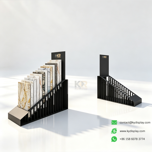 tabletop stone display rack black front view