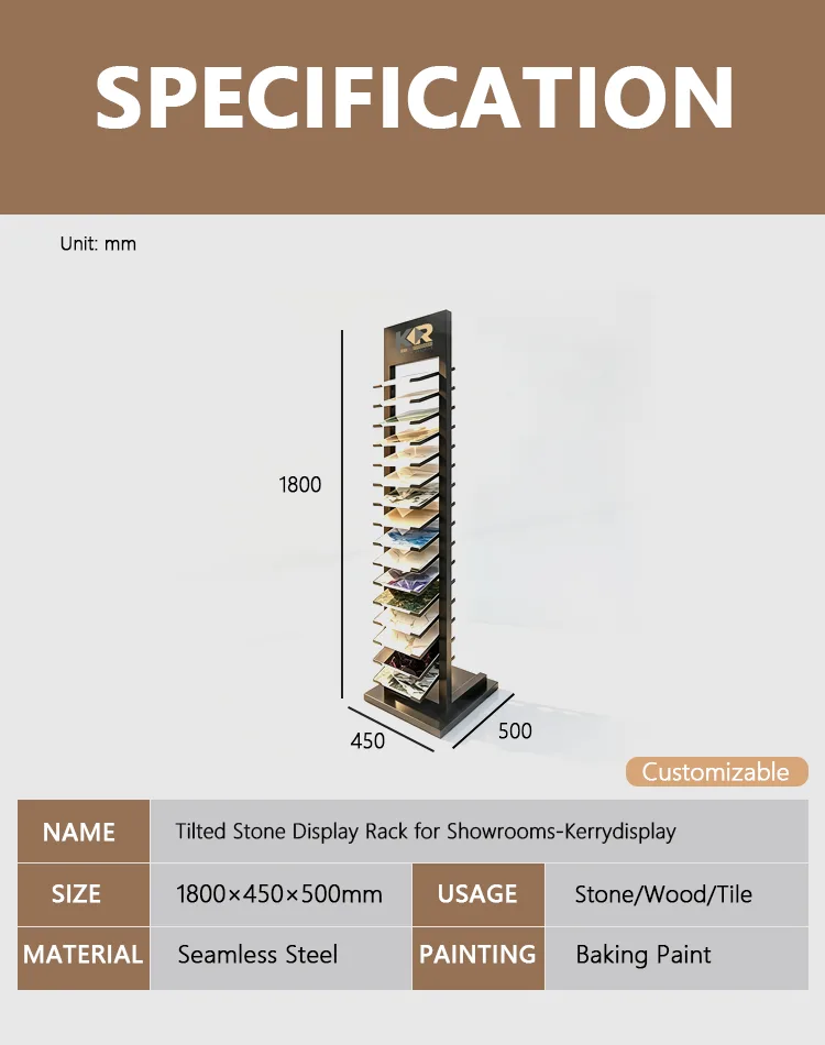 tilted stone display rack specification drawing by Kerrydisplay with dimensions material and usage