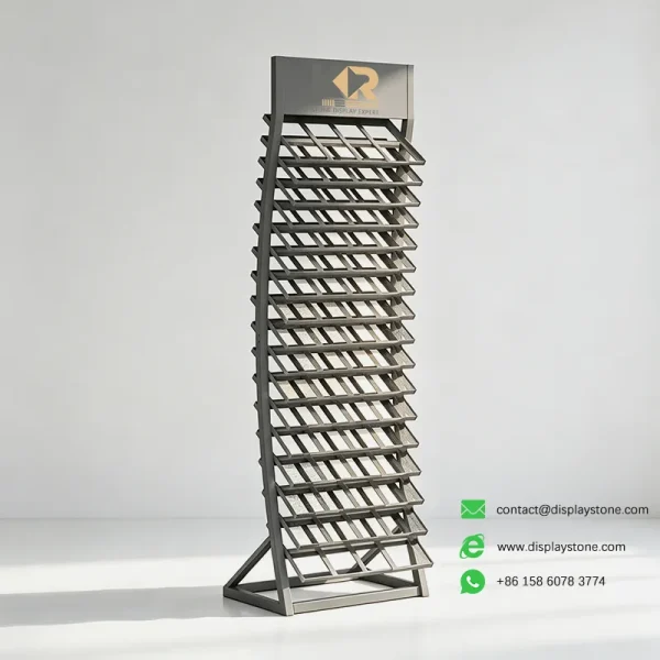 high capacity stone display rack grey empty view