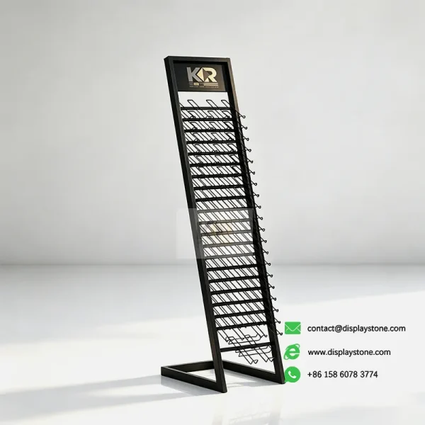 slanted vertical stone display rack for showrooms black empty view