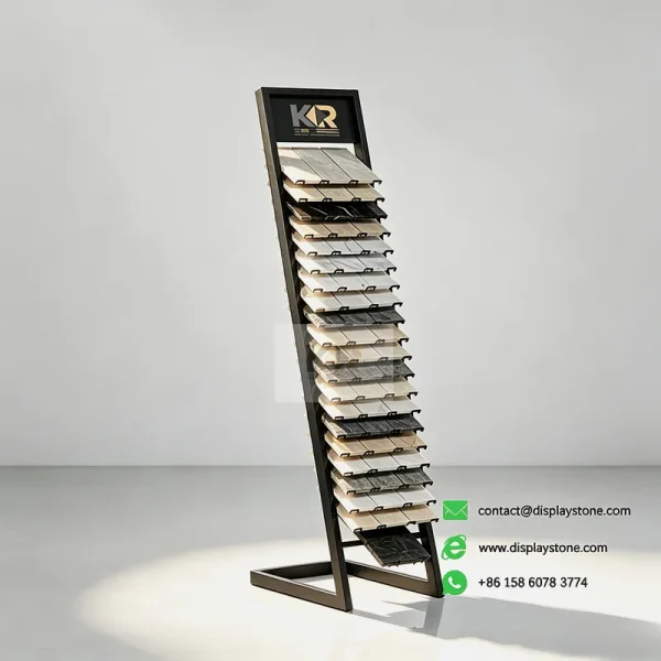 slanted vertical stone display rack for showrooms black samples view