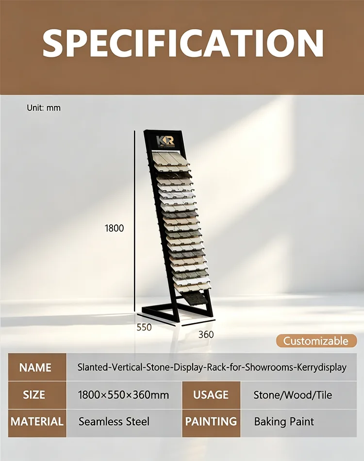 Slanted vertical stone display rack specification 1800x550x360mm