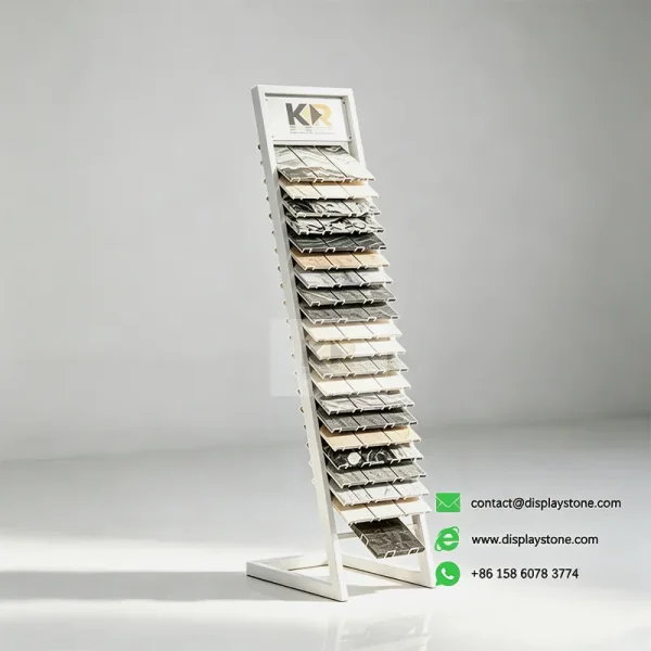 slanted vertical stone display rack for showrooms white samples view