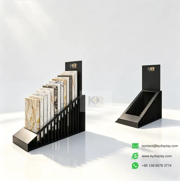 tabletop stone display rack black angle view
