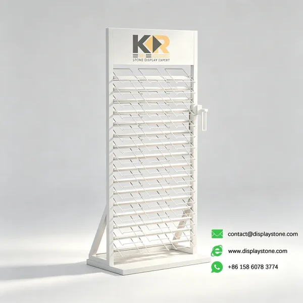 three column stone display rack white empty 2 view