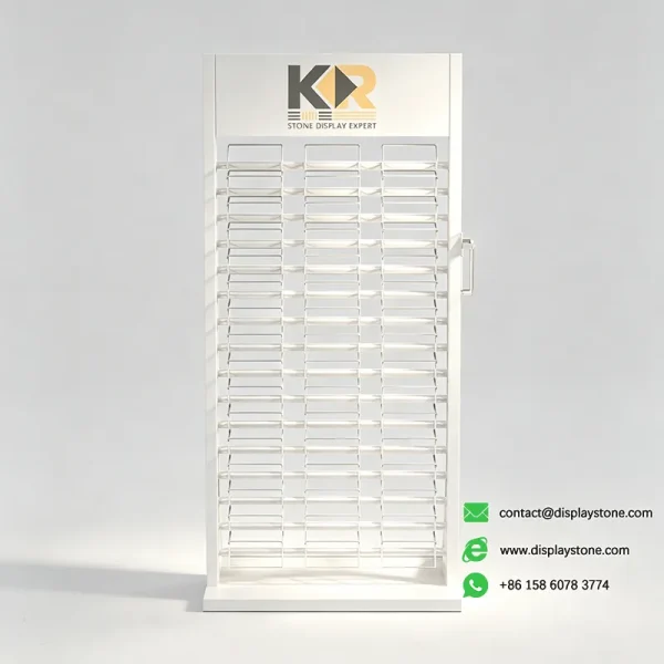 three column stone display rack white empty view