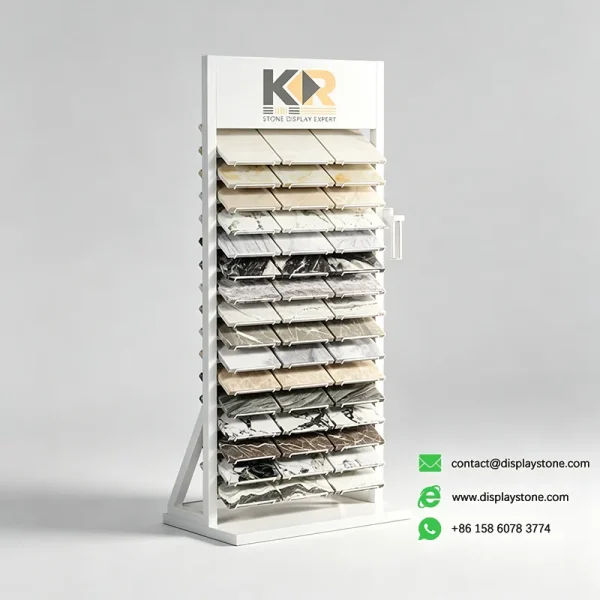 three column stone display rack white samples 2 view