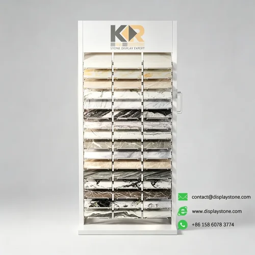three column stone display rack white samples view