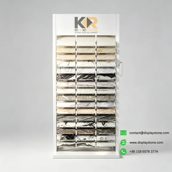 three column stone display rack white samples view